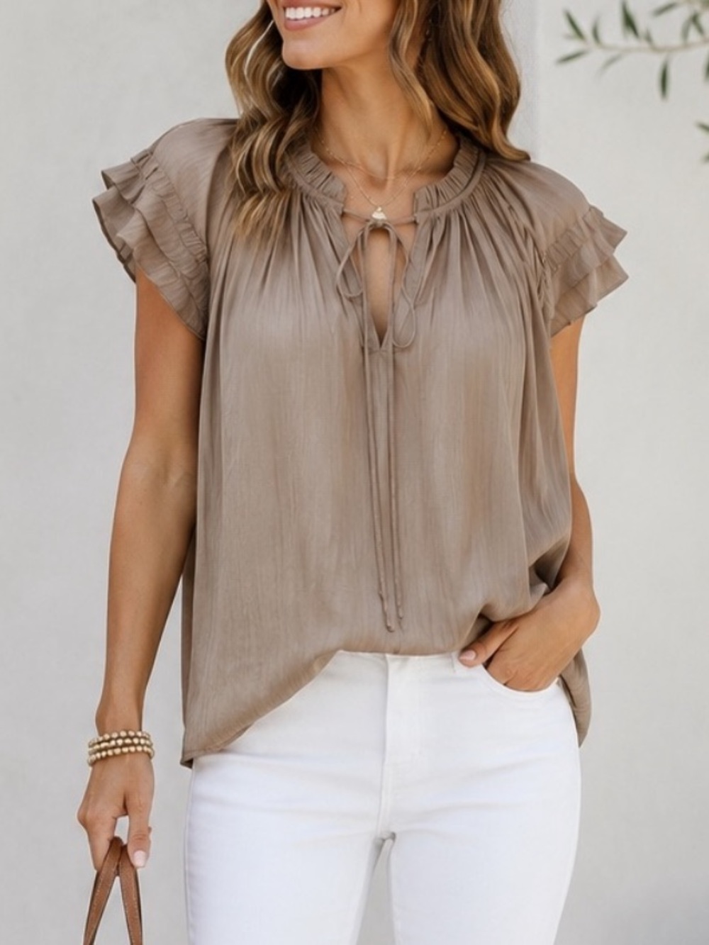 Evereve Taupe Pleated Lydia Blouse M